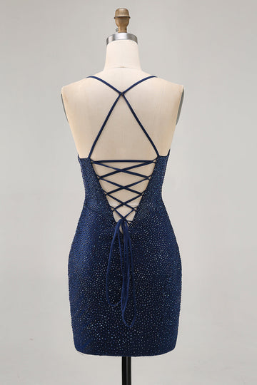 Dark Blue Beaded Spaghetti Straps Bodycon Cocktail Dress